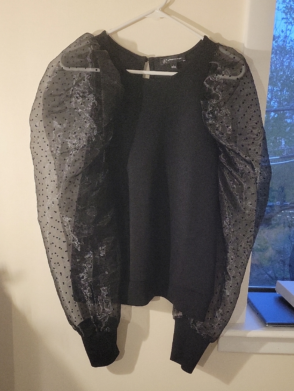 INC International Concepts Black Sweater with Sheer Polka Dot Puff Sleeves